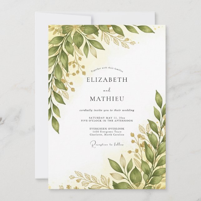 Convites Casamento de Primavera Impecável em Verde Oliva (Frente)