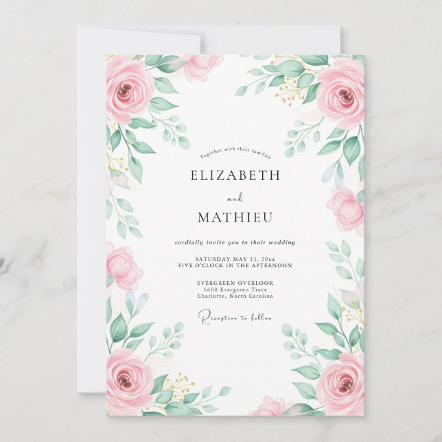 Convites Casamento de Primavera Inesquecível Rosa Pétala (Frente)
