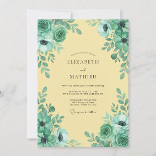 Convites Casamento de Primavera Luxuriante Creme Azul-Verde