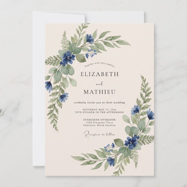 Convites Casamento de Primavera Orgânico Azul Marinho (Frente)