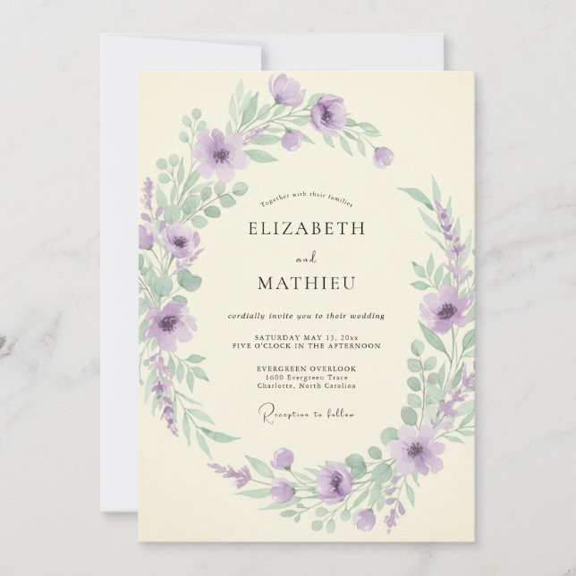 Convites Casamento de Primavera Pintado com Lavanda (Frente)