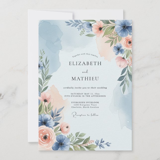 Convites Casamento de Primavera Poético em Azul Desbotado (Frente)