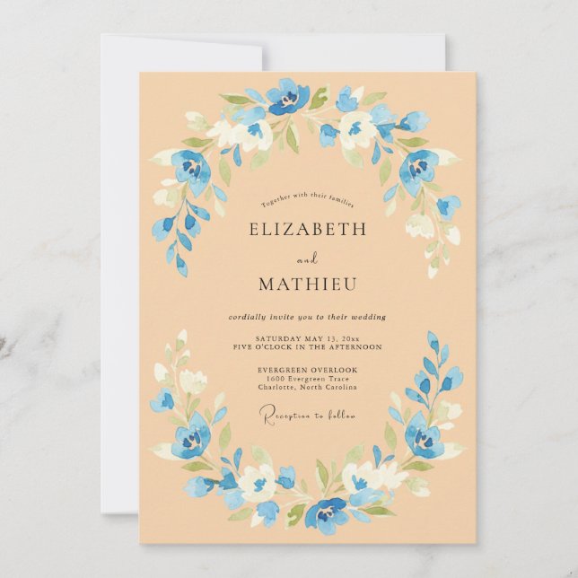 Convites Casamento de Primavera Radiante Azul Pêssego (Frente)