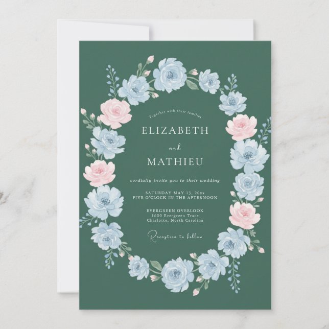 Convites Casamento de Primavera Refinado em Verde Caçador (Frente)