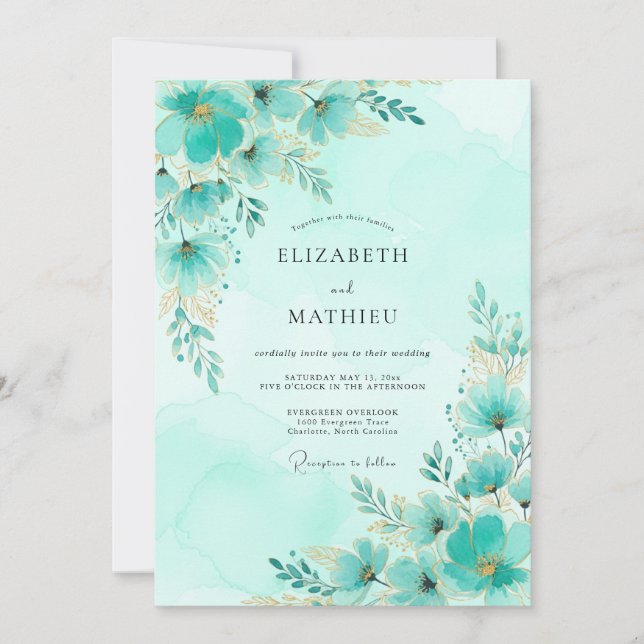 Convites Casamento de Primavera Romântico Aqua (Frente)