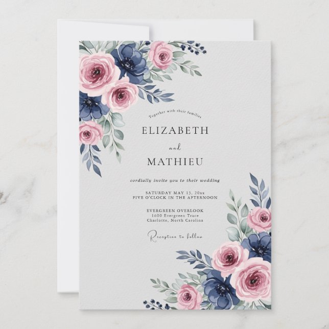 Convites Casamento de Primavera Suntuoso Rosa Azul-Marinho (Frente)
