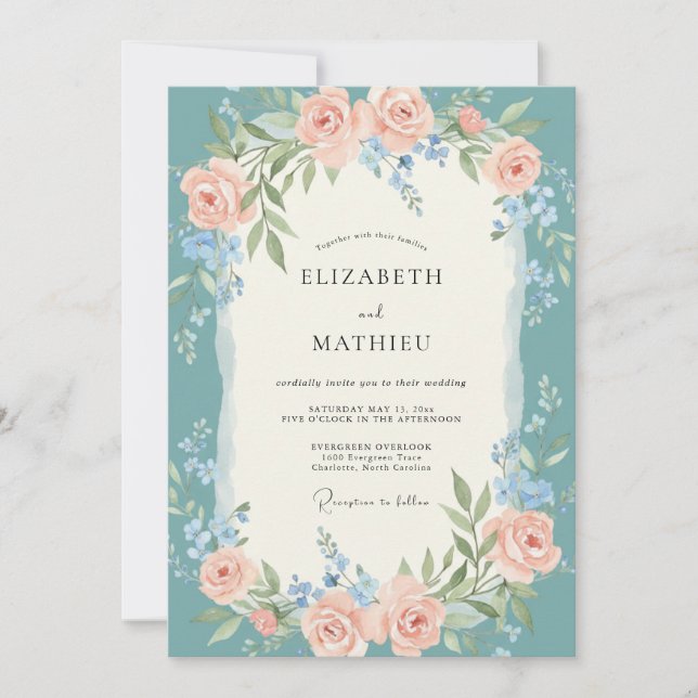 Convites Casamento de Primavera Teal Divino (Frente)
