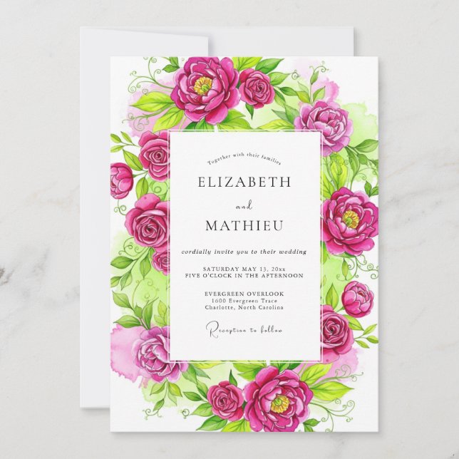 Convites Casamento de Primavera Vibrante Magenta (Frente)