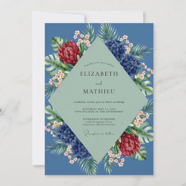 Convites Casamento de Protea Tropical de Eucalipto Slate (Frente)