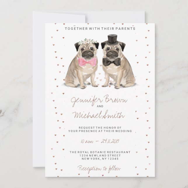 Convites Casamento de Pug Watercolor (Frente)