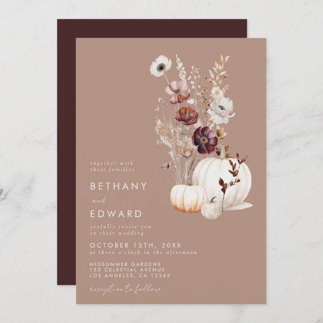 Convites Casamento de Pumpkin Floral de Taupe Fall Fall (Frente/Verso)