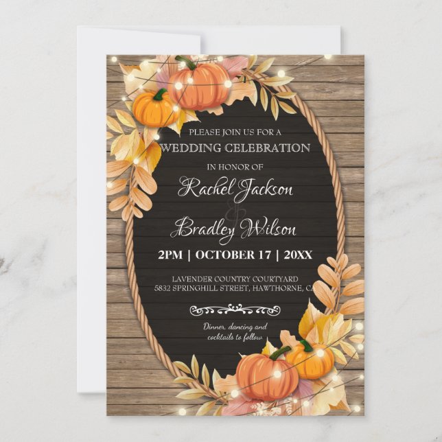 Convites Casamento De Pumpkin Light Autumn Fall Rustic Wood (Frente)
