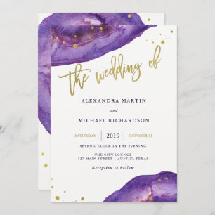 Convites Casamento de Purple e Geode Dourado com Aquarela
