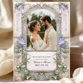 Convites Casamento de Púrpura e Dourada Arte Nouveau