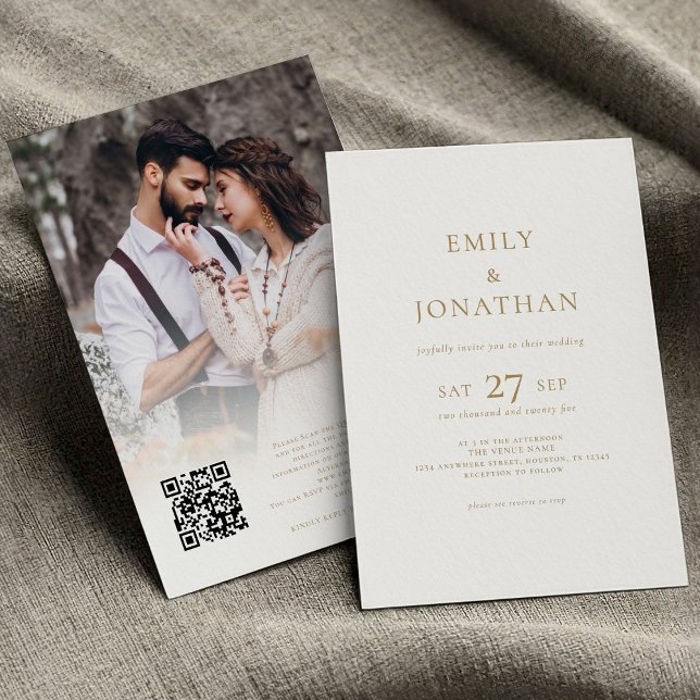 Convites Casamento de QR de Sobreposição de Foto de Script  (front and back view)
