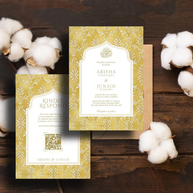 Convites Casamento de QR Muçulmano e Ouro Real Damask (Criador carregado)