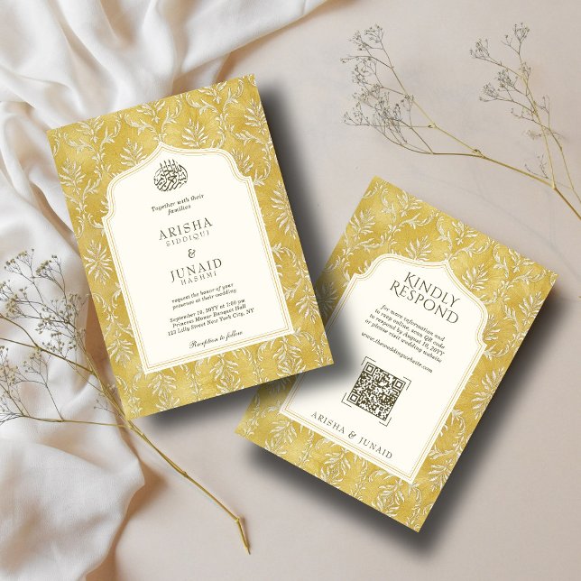 Convites Casamento de QR Muçulmano e Ouro Real Damask (Criador carregado)