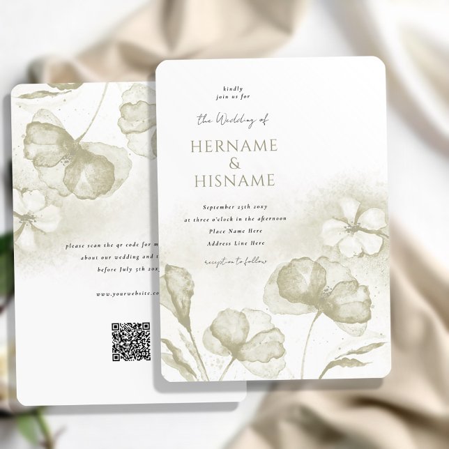 Convites Casamento de QR RSVP do Floral Verde-Azeite Elegan (Criador carregado)