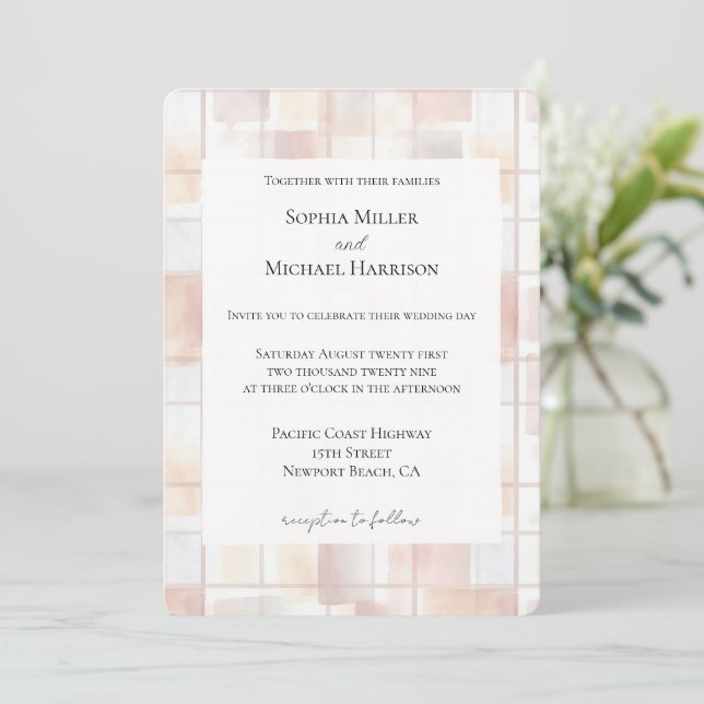 Convites Casamento de Quadrados Rosa Bege (Em pé/Frente)
