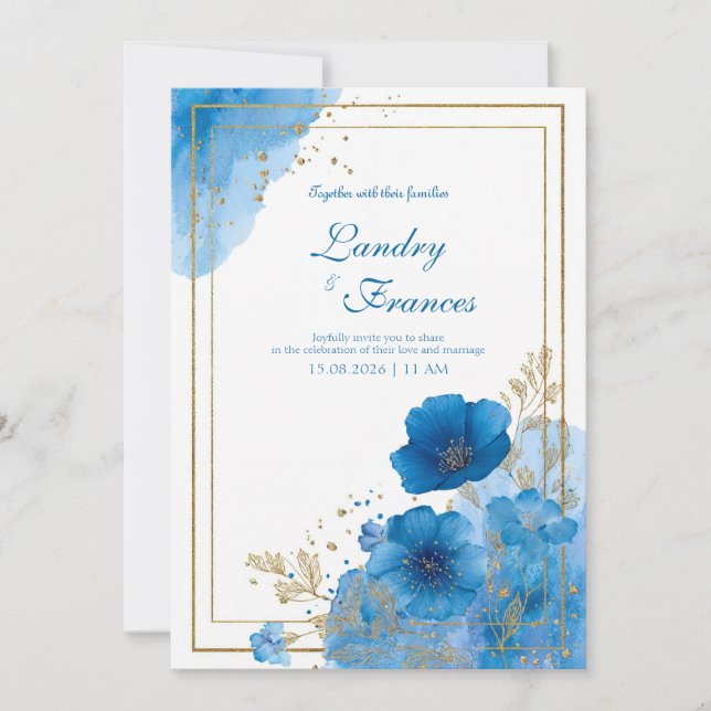 Convites Casamento de Quadro Azure Azure Azure Azul Floral  (Frente)