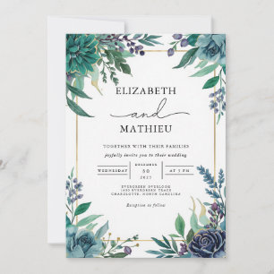 Convites Casamento de Quadro Botânico de Teal Profundo