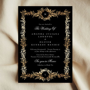 Convites casamento de quadro botânico preto e ouro monogram