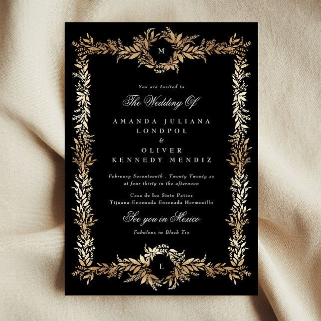 Convites casamento de quadro botânico preto e ouro monogram (Criador carregado)
