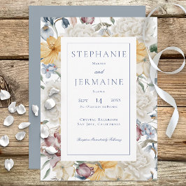 Convites Casamento de Quadro Branco Floral Azul Amarelo e B