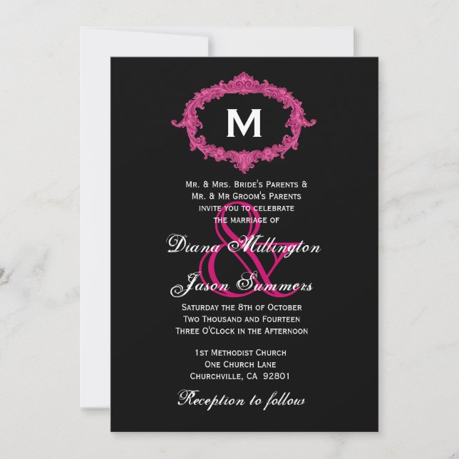 Convites Casamento de quadro de imagem preto e rosa com mon (Frente)