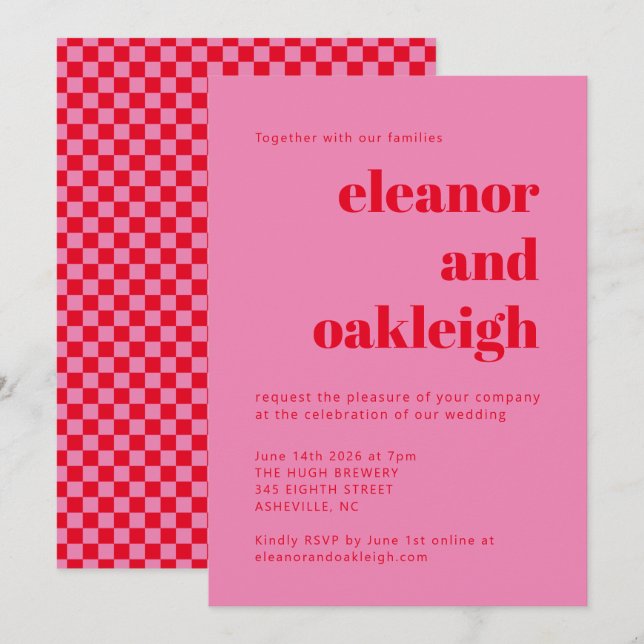 Convites Casamento de Quadro de Verificação Vermelho Cor-de (Frente/Verso)