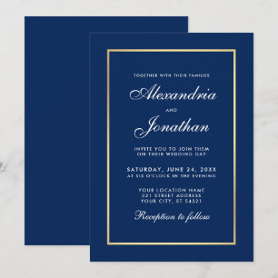 Convites Casamento de Quadro Dourado Azul Clássico Moderno