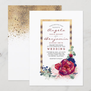 Convites Casamento de quadro Dourado azul de Borgonha e Mar