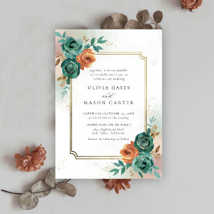 Convites Casamento de Quadro Dourado Elegante Laranja Queim