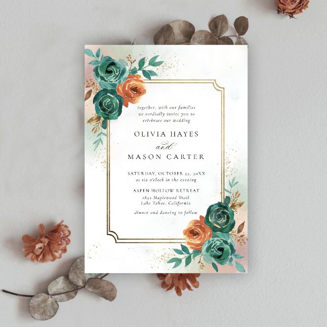 Convites Casamento de Quadro Dourado Elegante Laranja Queim (fall wedding invitation teal burnt orange terracotta watercolor floral botanical earthy nature frame)