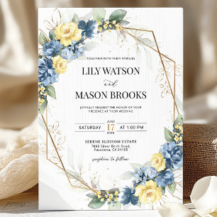 Convites Casamento de Quadro Dourado Floral Azul e Amarelo