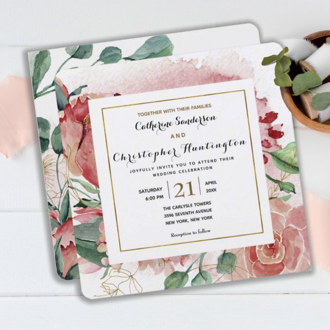 Convites Casamento de Quadro Dourado Floral Cor-de-Rosa-Blu (ELEGANT BLUSH PINK FLORAL SQUARE WEDDING INVITATION
)