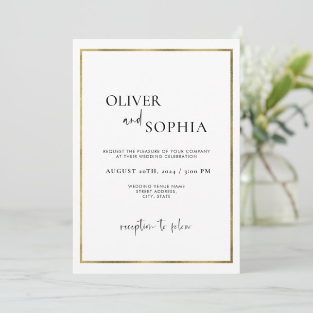 Convites Casamento de Quadro Dourado Minimalista de Script  (Em pé/Frente)
