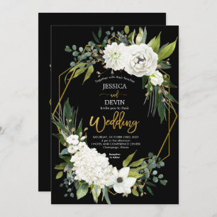 Convites Casamento de Quadro Dourado Preto Floral Branco Mo