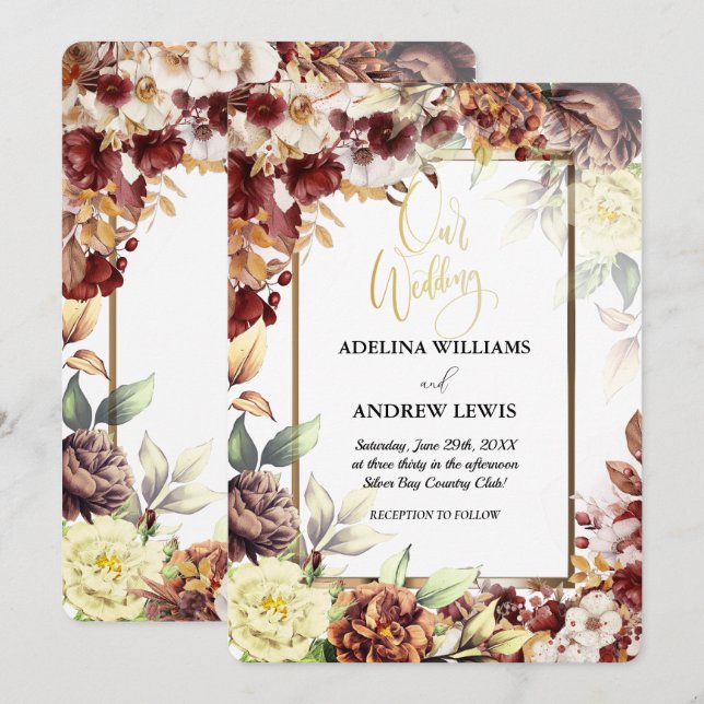 Convites Casamento de quadro Dourado, simples e simples, co (Frente/Verso)