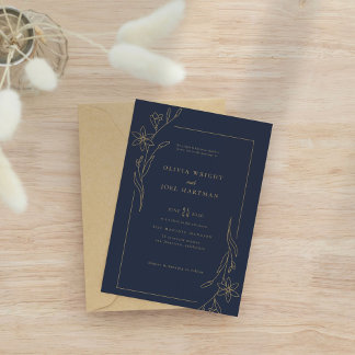 Convites Casamento de Quadro Floral Azul e Dourado do Marin