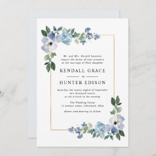 Convites casamento de quadro floral azul e verde pintado