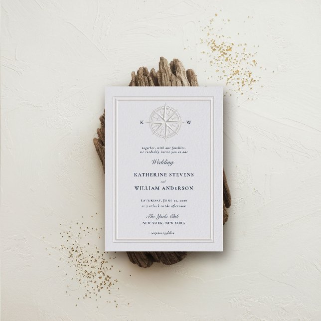 Convites Casamento de Quadro Formal de Rosa Náutico Costeir (nautical wedding invitation compass rose modern classicformal traditional beach ocean coastal ivory)