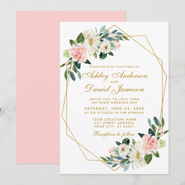 Convites Casamento de Quadro Geométrico Dourado Rosa Floral (Frente/Verso)