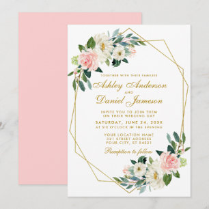 Convites Casamento de Quadro Geométrico Dourado Rosa Floral