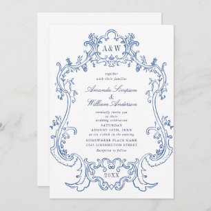 Convites Casamento de Quadro Ornamentado Azul Elegante Barr