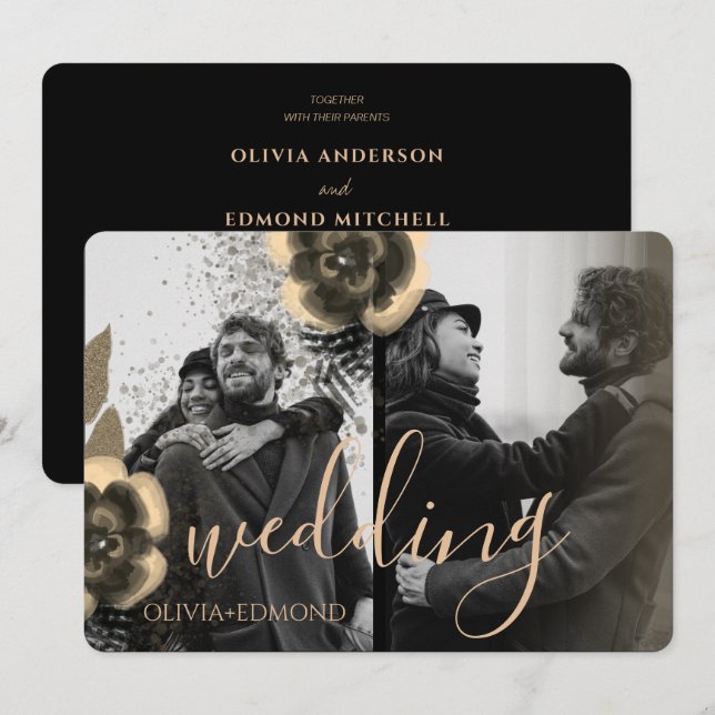 Convites Casamento de Quadros de Flores do Ouro Personaliza (Frente/Verso)