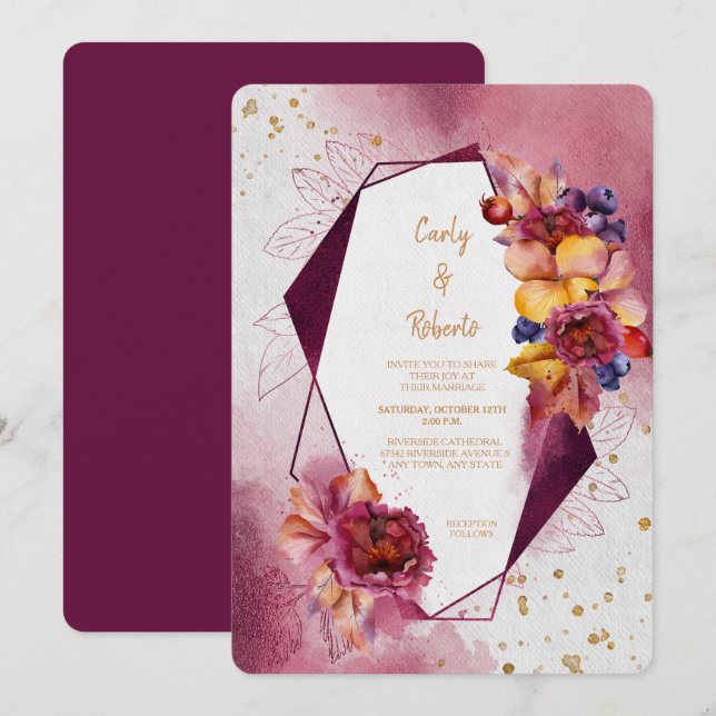 Convites Casamento de Quadros Geométricos Modernos Flóridos (Frente/Verso)