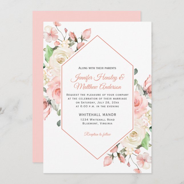 Convites Casamento de Quadros Rosa e Rosas Brancas (Frente/Verso)