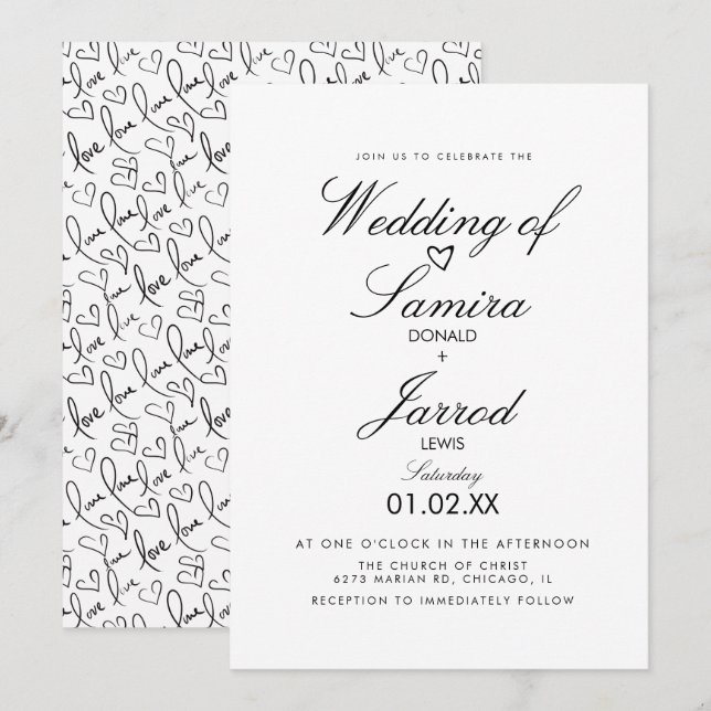 Convites Casamento de Rabiscos de Amor e Corações Desenhado (Frente/Verso)