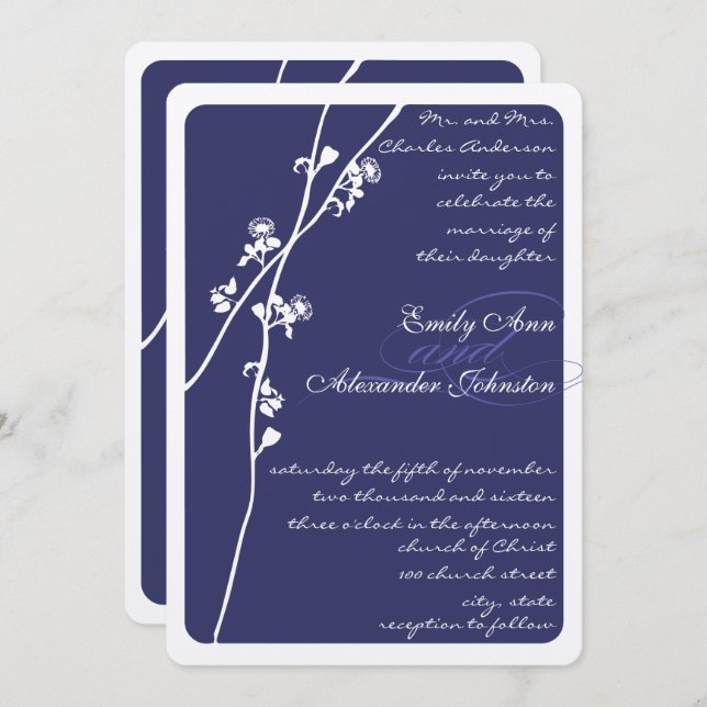 Convites Casamento de Ramificação Floral Azul-Marinho Elega (Frente/Verso)